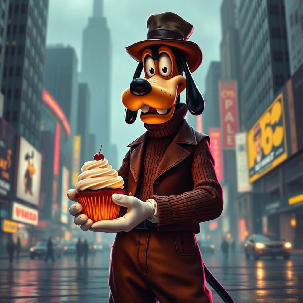 Goofy-like Character in Dystopian Cyberpunk Cityscape