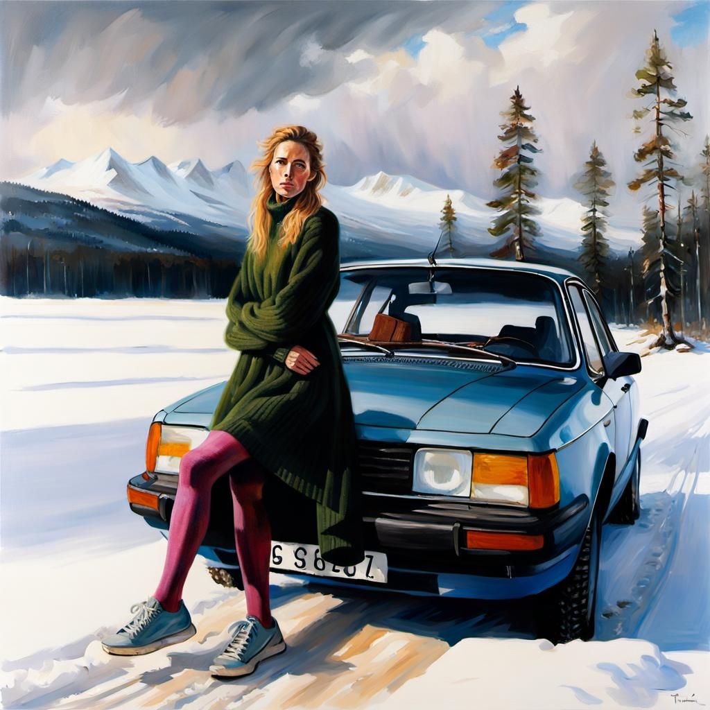 Swedish Woman Posing with Saab: Oil Painting