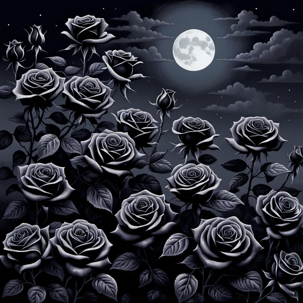 Eerie Pointillist Black Roses in Moonlight
