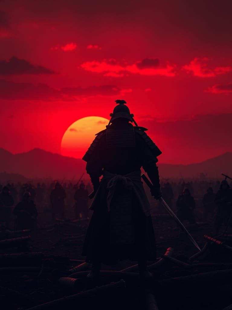 Surreal Samurai Stands Amidst Crimson Sunset, Katana Glintin...