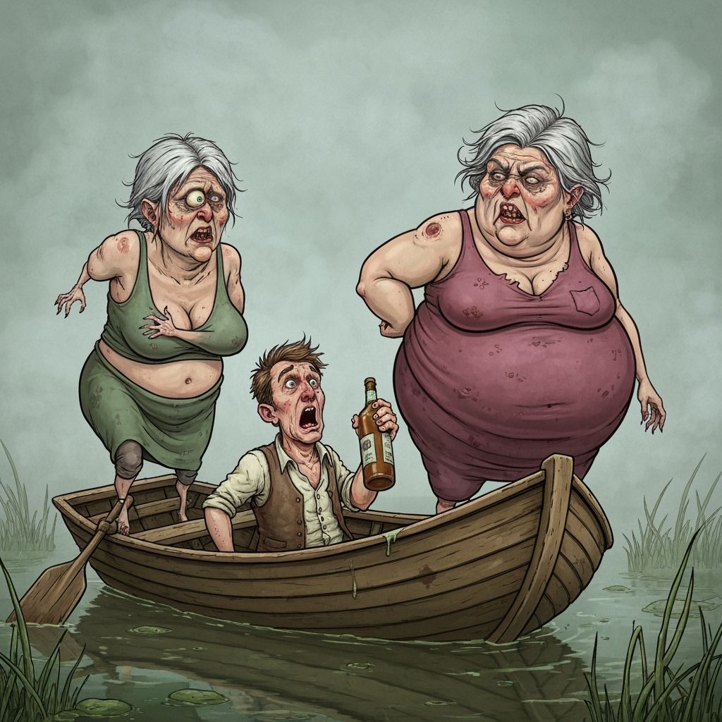 Grotesque Swamp Scene: Man Ambushed by Deformed Old Women