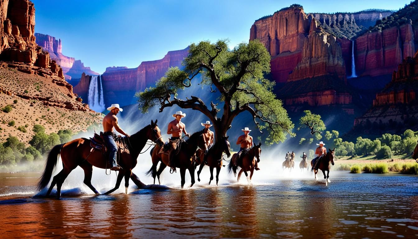 Cowboys Bathing in Red River with Grand Canyon Backdrop