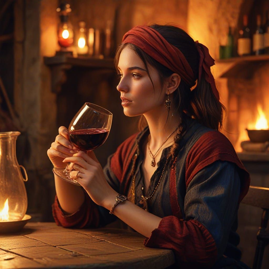 Female Pirate in Tavern: Fauvism Oil Painting