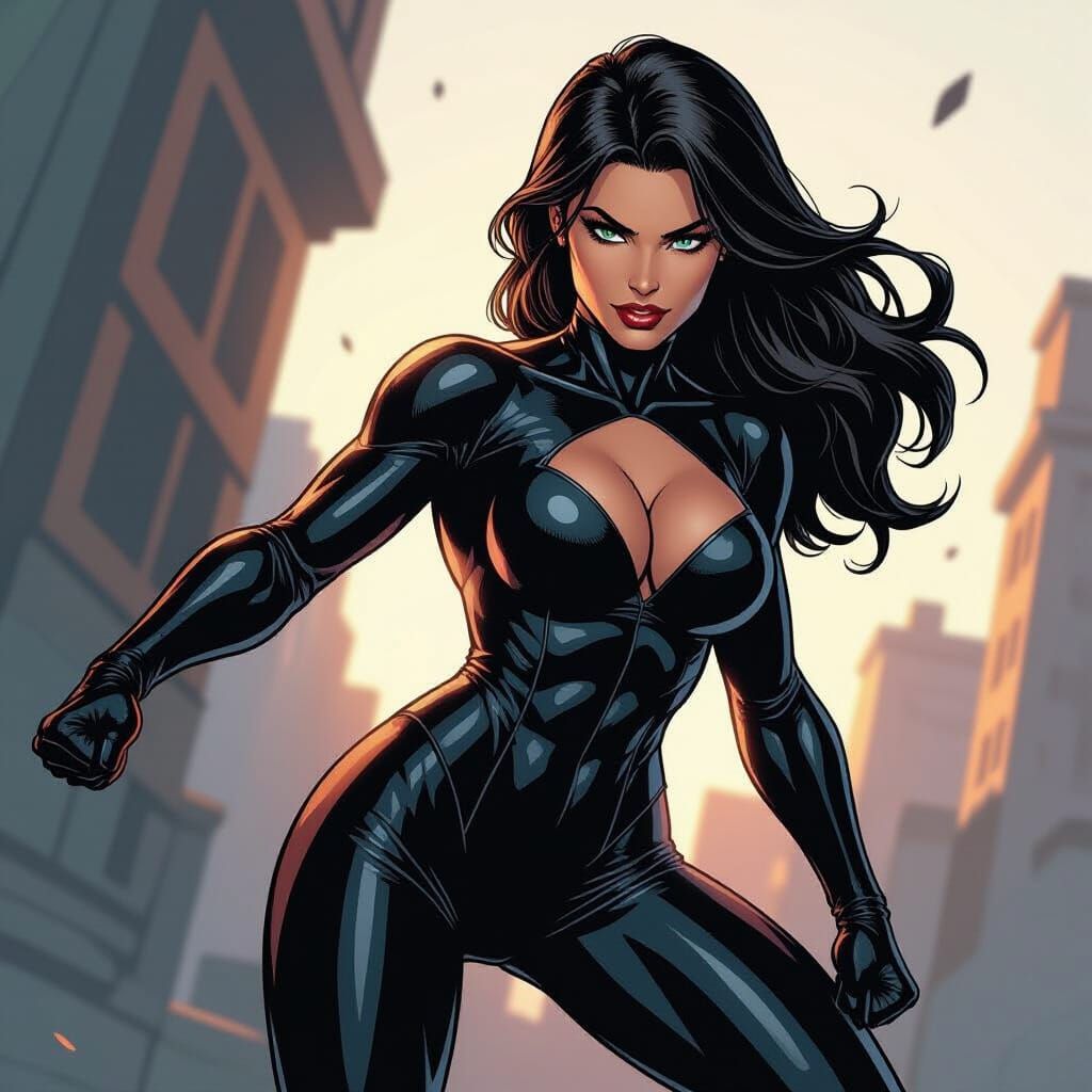 Muscular Superheroine Prepares for Mission in Comic Art Styl...