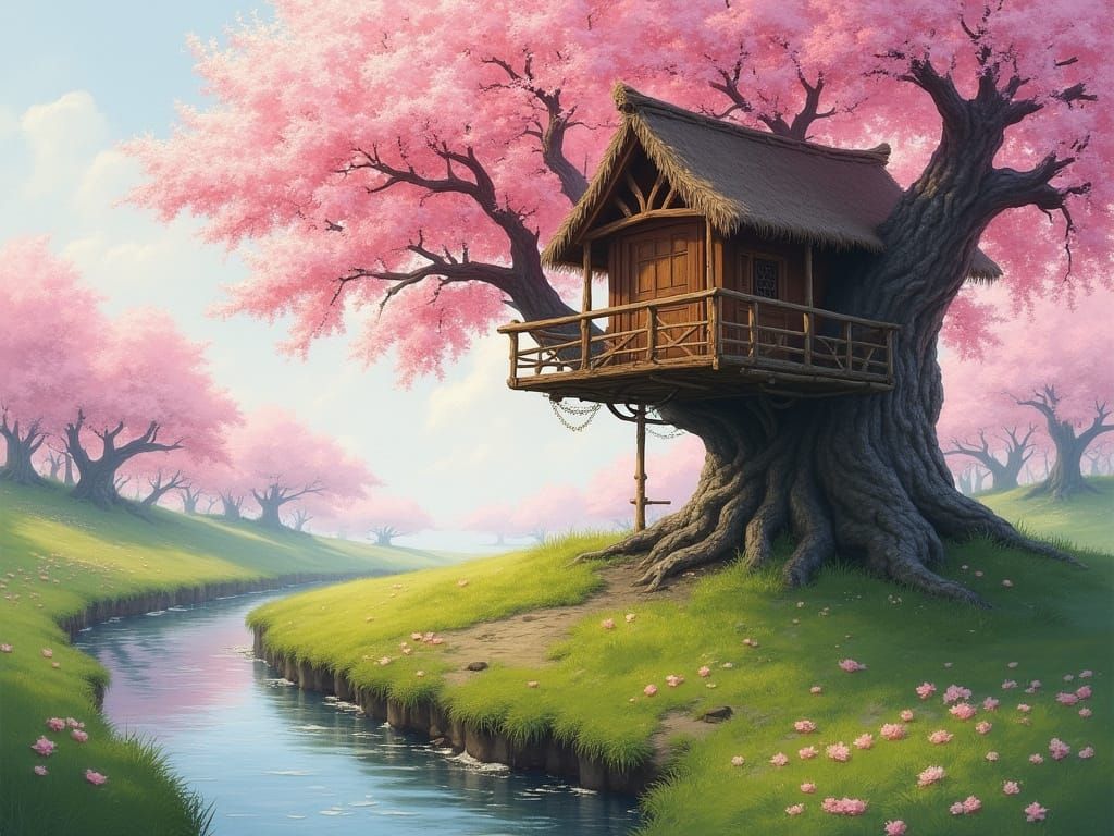 Treehouse Amidst Cherry Blossom Grove Reflects in Gentle Str...