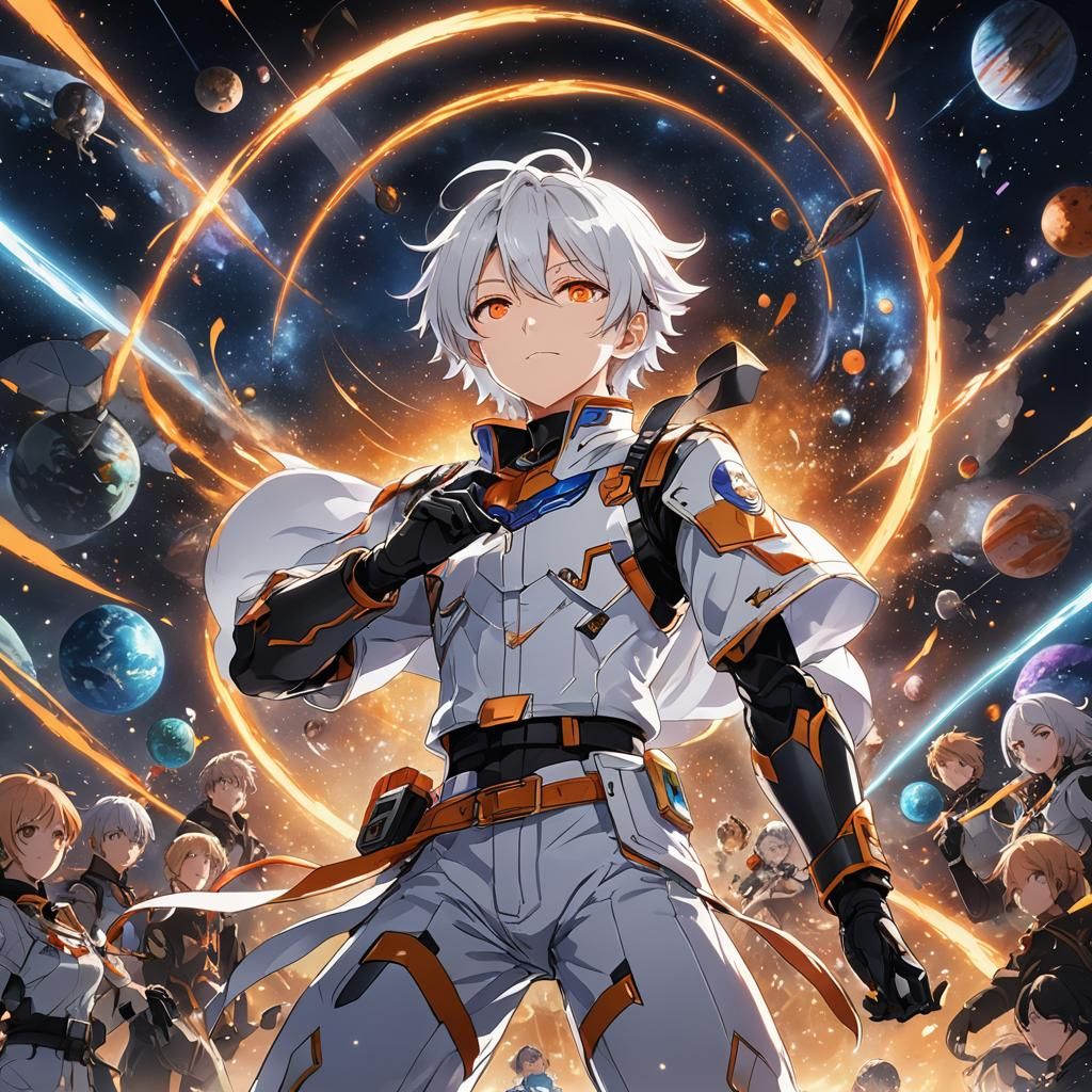 Anime Boy Performing in Space with Vibrant Colors