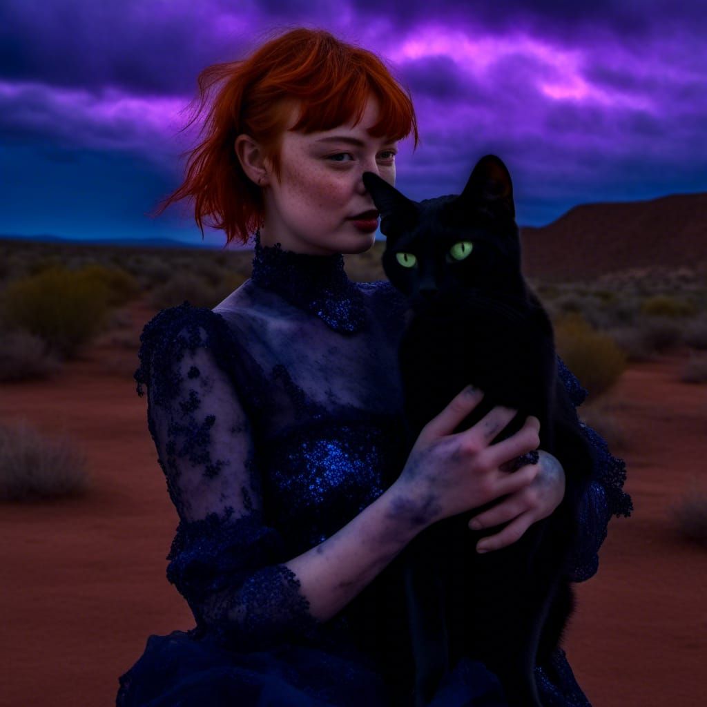 Woman Embracing Black Cat in Midnight Desert