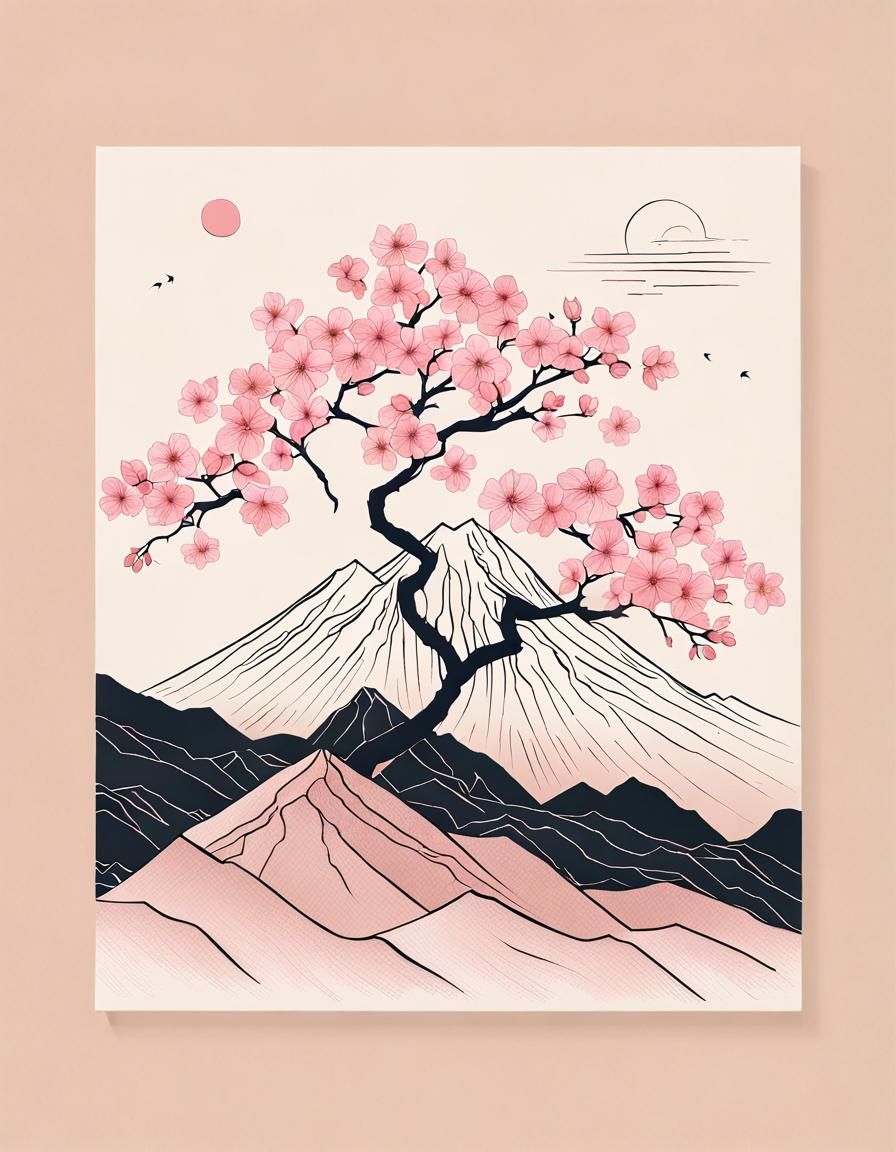Minimalist Japandi Art: Pink Sakura Tree