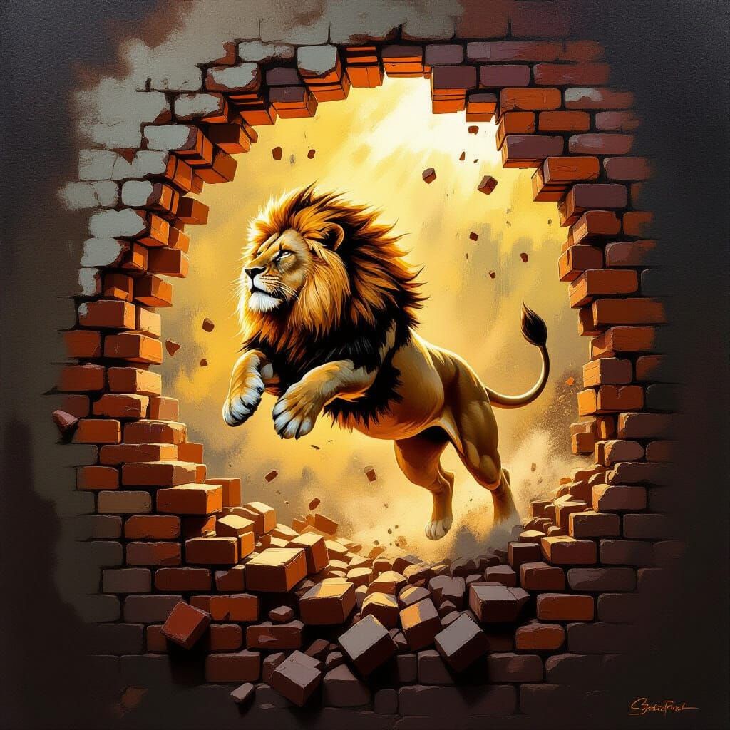 Lion Leaping Through Bricks in Textured Oil Painting