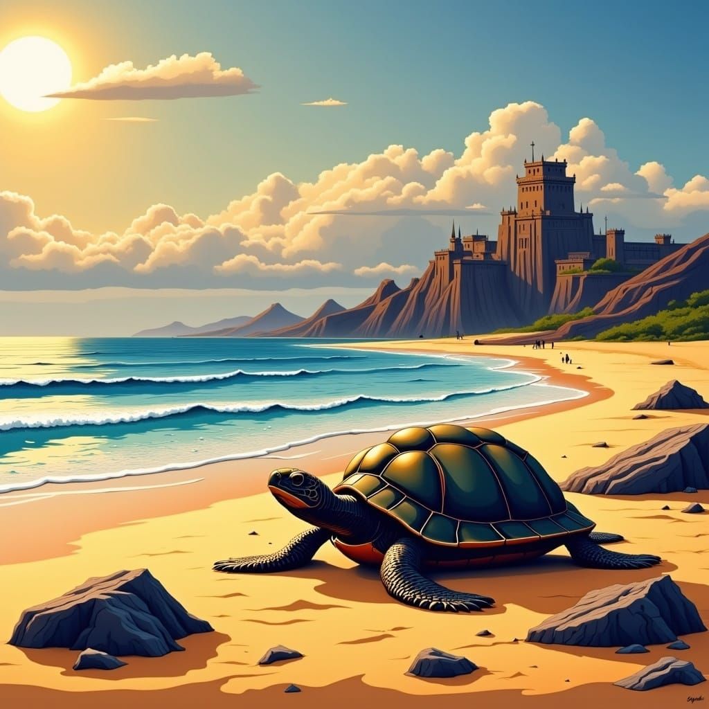 Surreal Turtle on Sandy Beach at Golden Hour