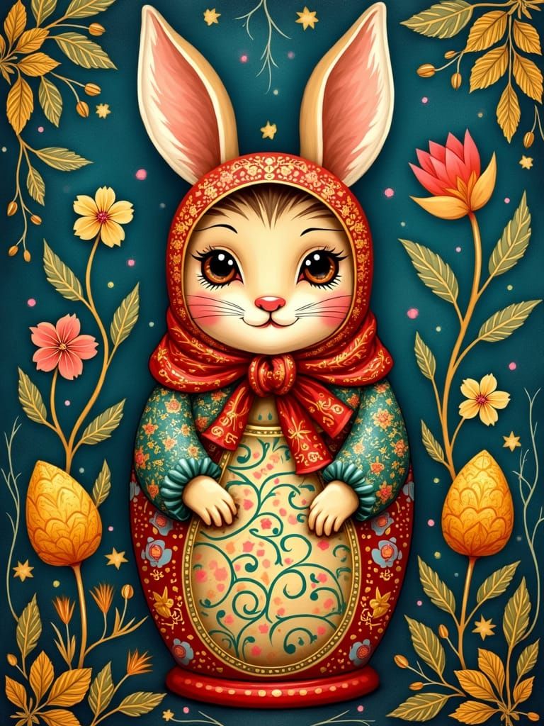 Easter Bunny as a Matryoshka Doll in Russian Folk Art Style