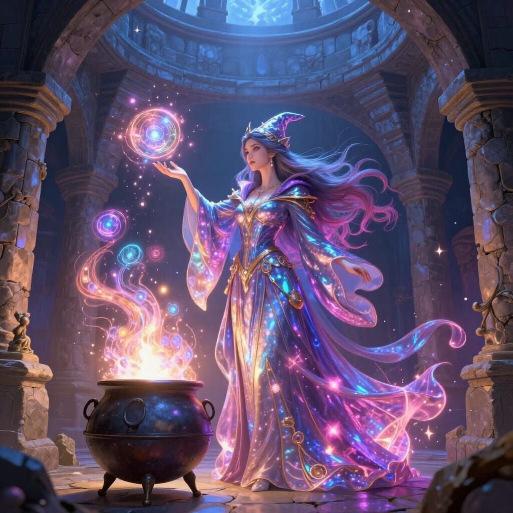 Half-Elf Wizard in Tower Stirring Cauldron