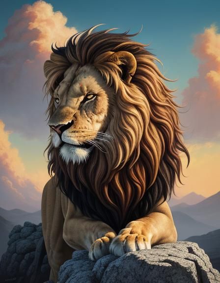 Majestic Lion in Surreal Dreamscape, Oil Painting