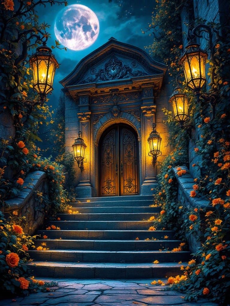 Golden Light Ascends Ancient Staircase in Opulent Twilight