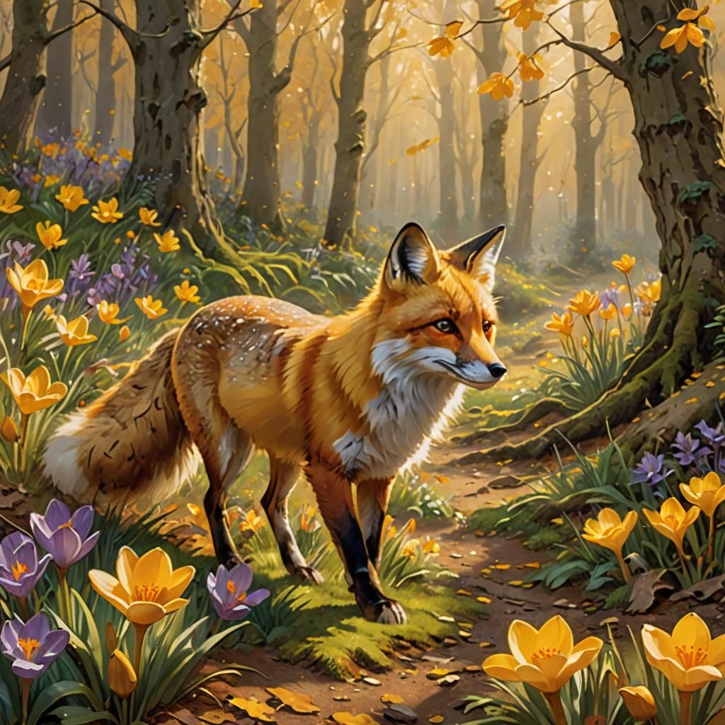 Fox in Autumnal Woods with Crocus Flowers