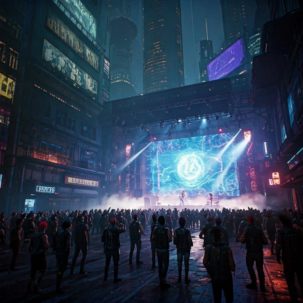 Cyberpunk Rock Concert in Neon-Lit Cityscape