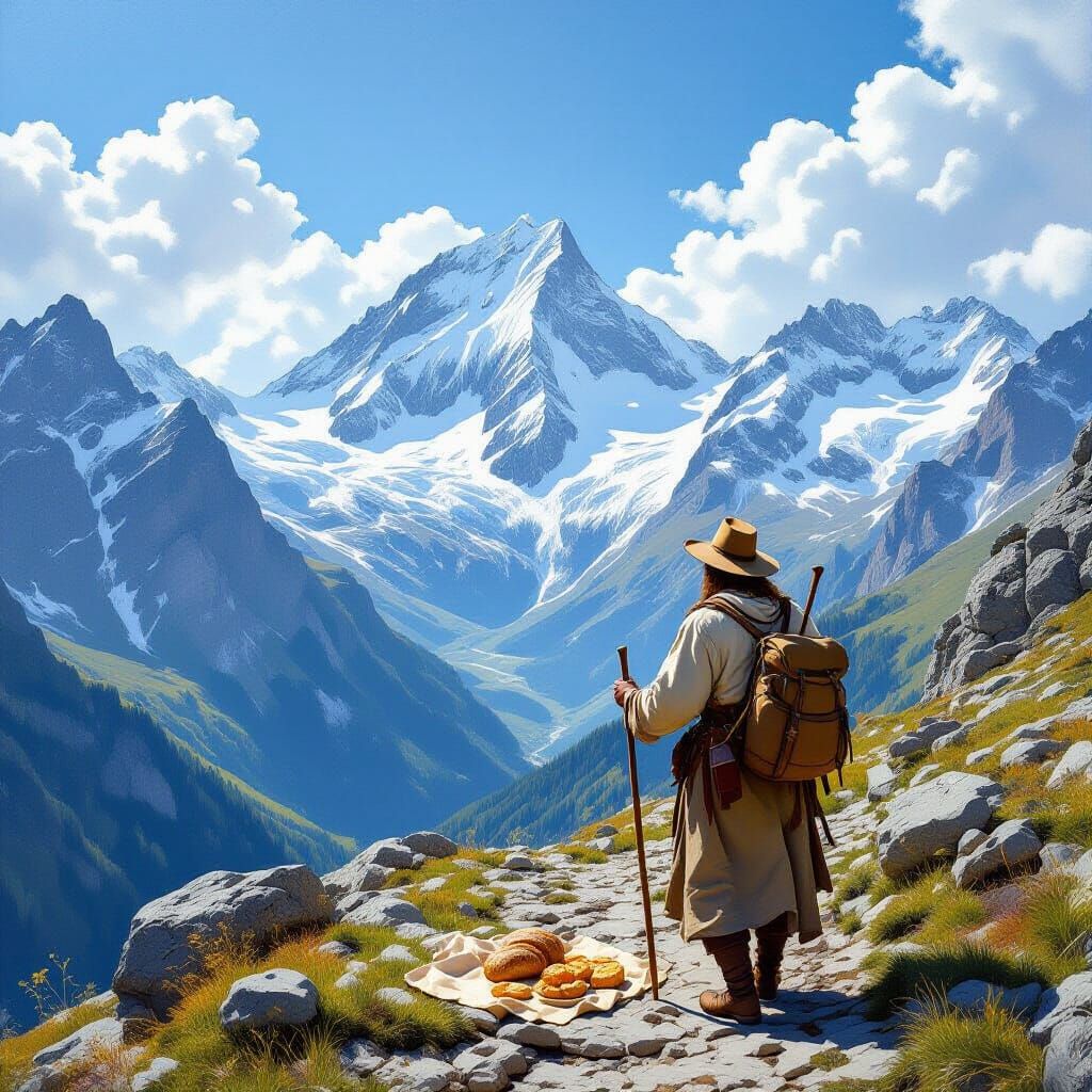 Lone Traveler in Majestic Swiss Alps Oil Painting