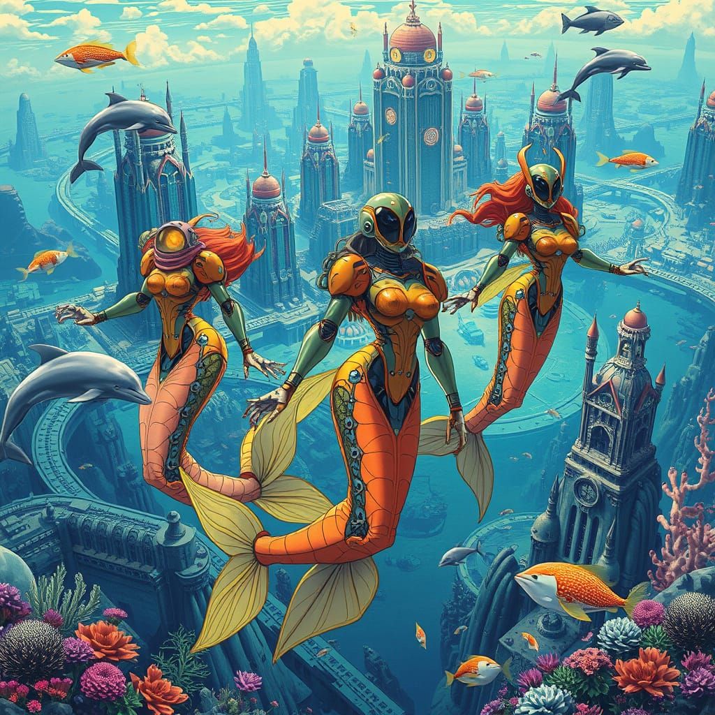 Robot Merfolk Discover Atlantis in Art Deco Style