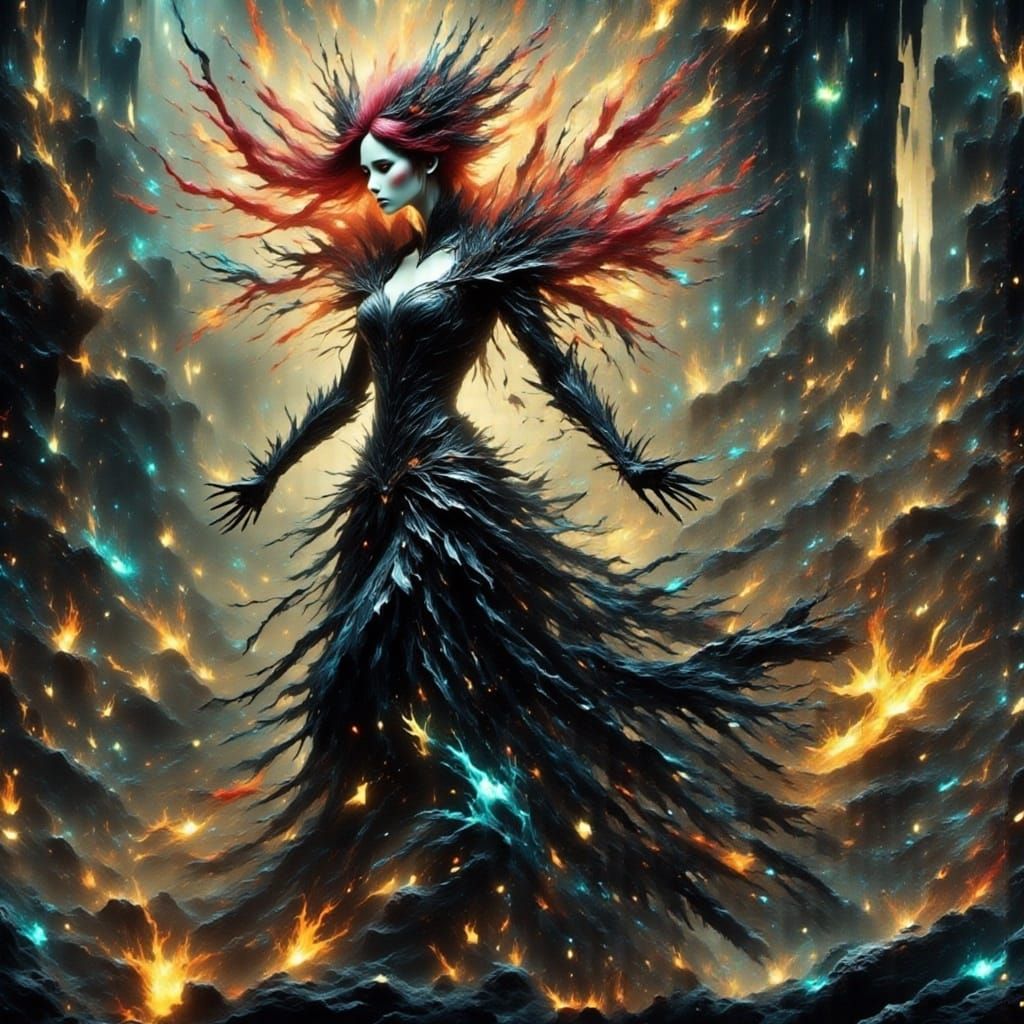 Faerie Witch Dances in Cyberpunk Cityscape