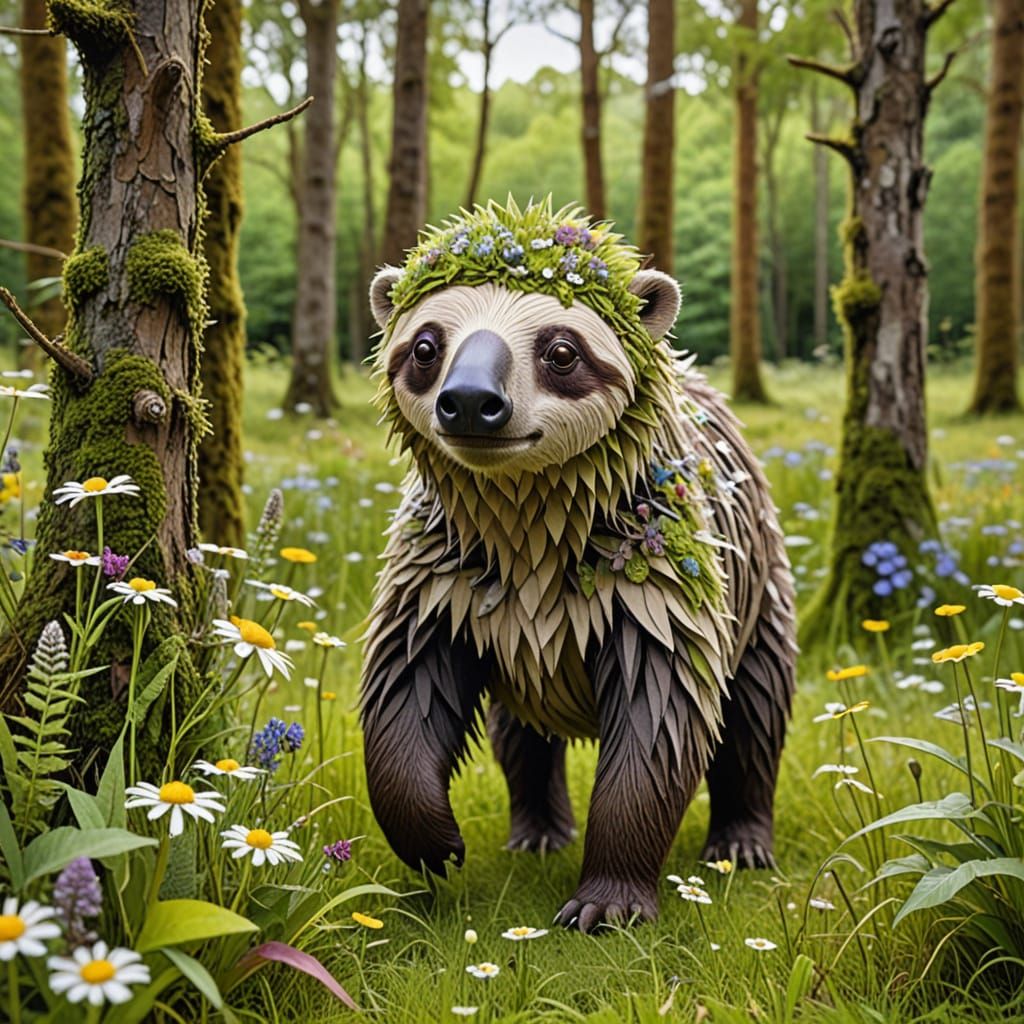 Mossy Sci-Fi Sloth Roams Vibrant Meadow