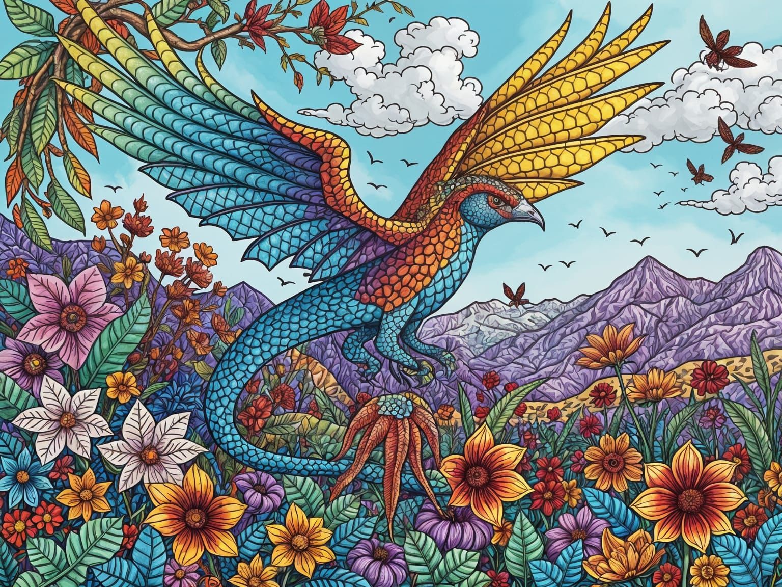 Winged Creature Soaring in Zentangle Landscape