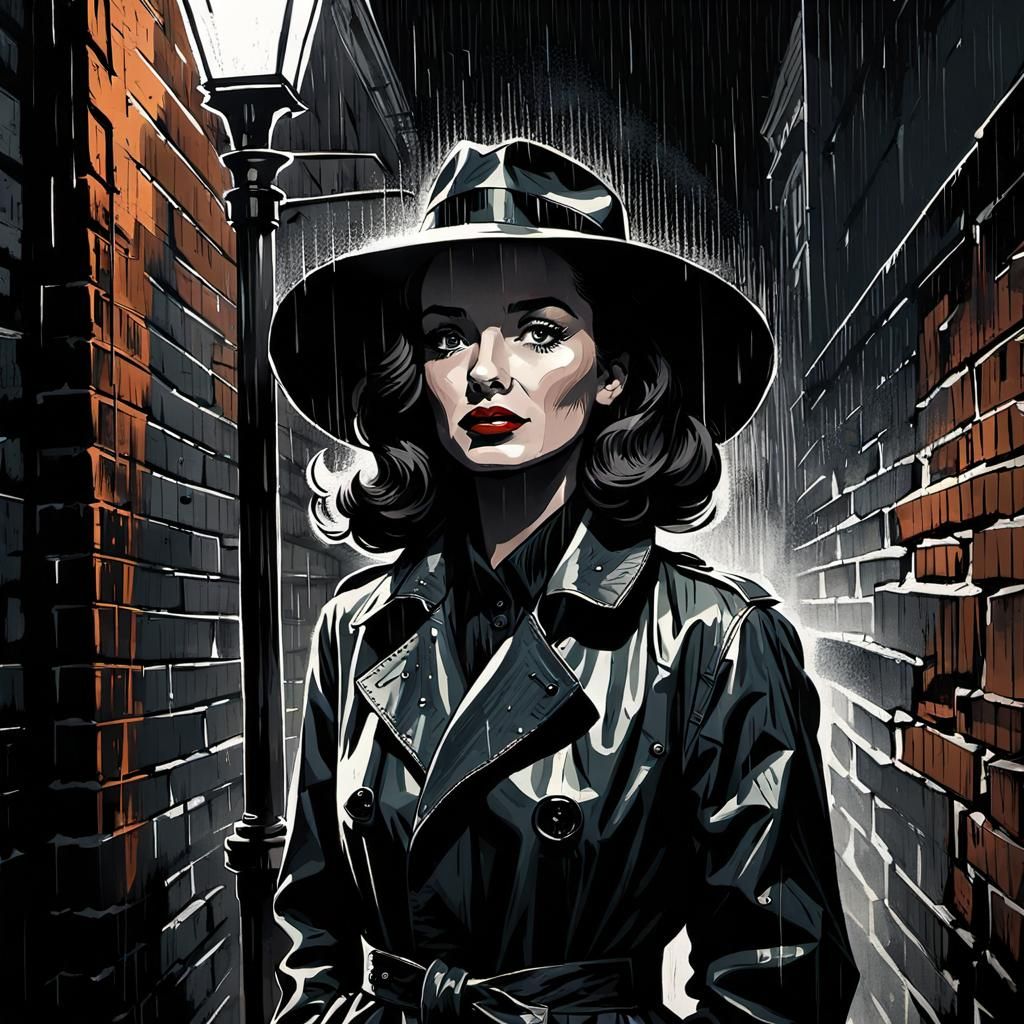 Film Noir Portrait of Woman in Rainy Alley