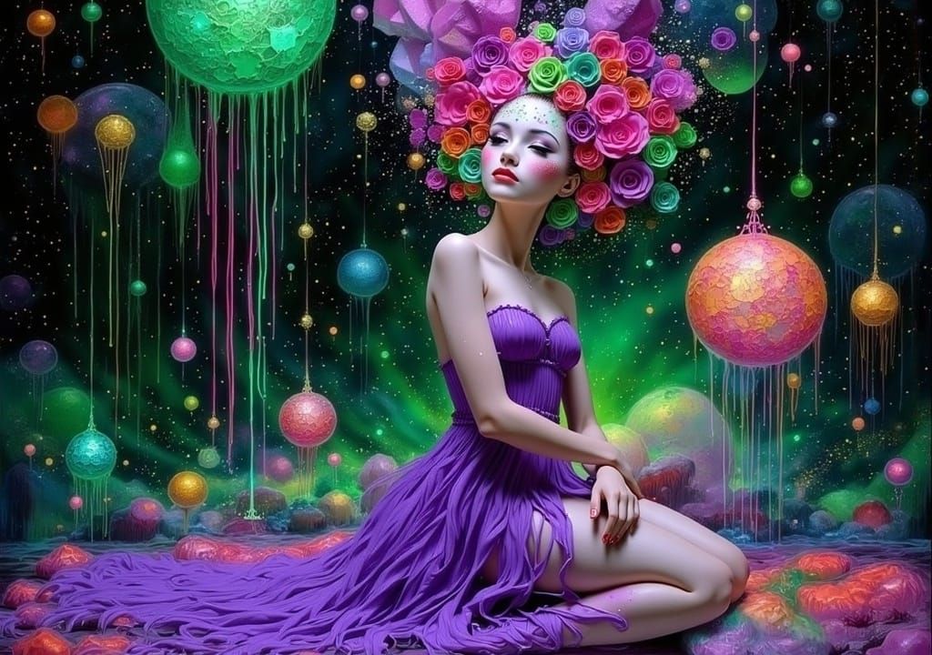 <lora:Asperam Coelo:1.0> female with a purple dress figure kneeling in a contemplative pose, her face has a cracked text...