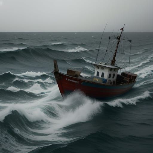 Gritty Fishermen in Foggy Sea, Cinematic Style