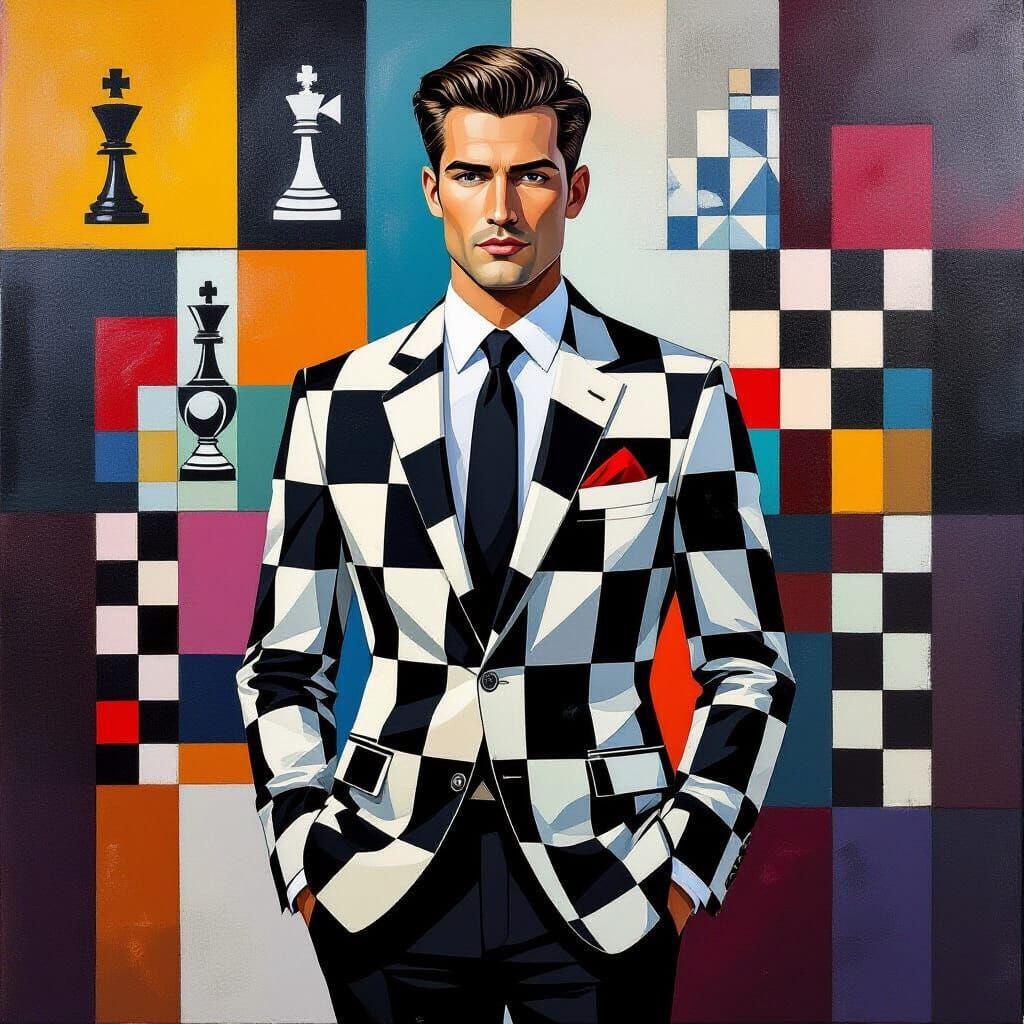Man in Chessboard Suit Amidst Abstract Art
