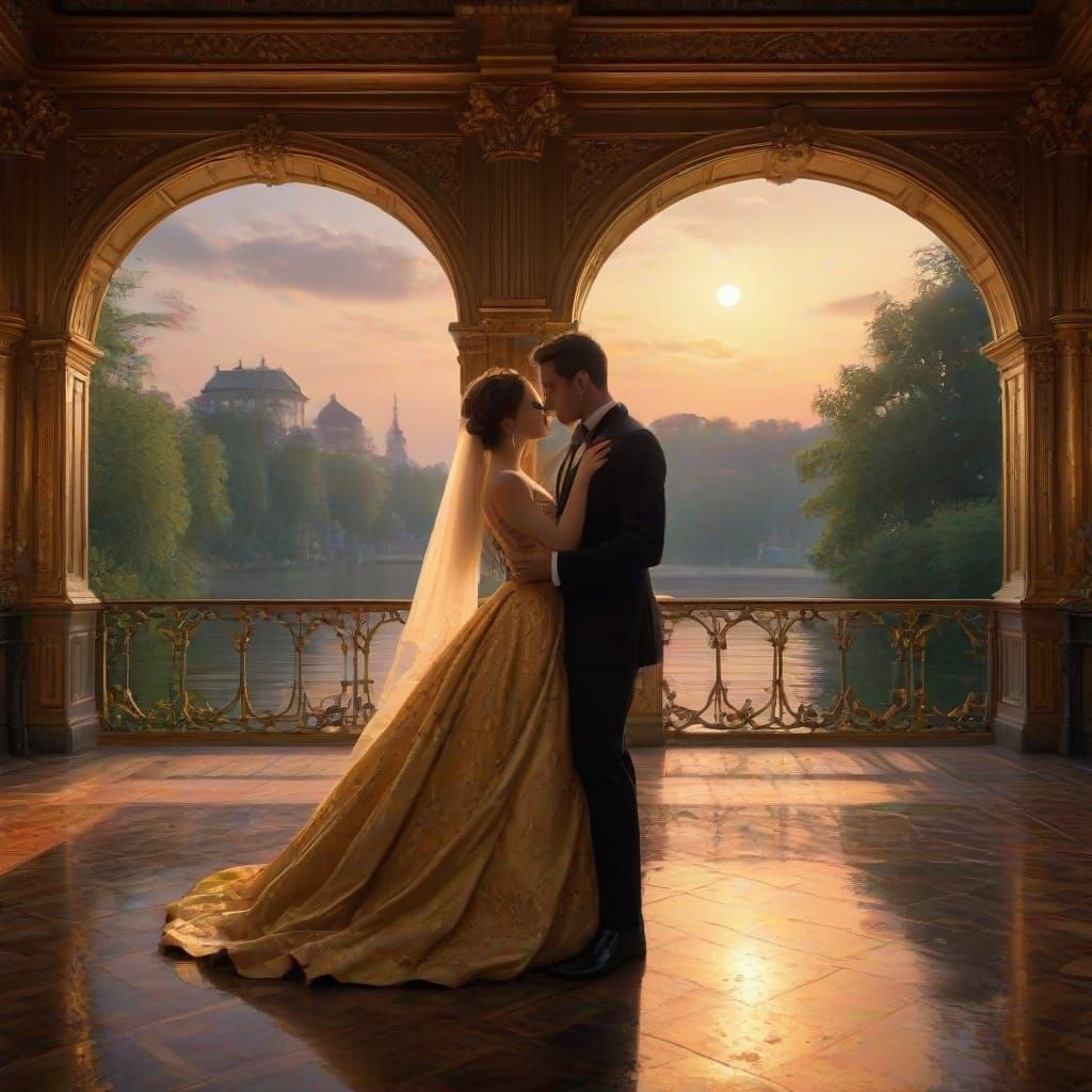 Romantic Golden Hour Waltz in a Danube Pavilion