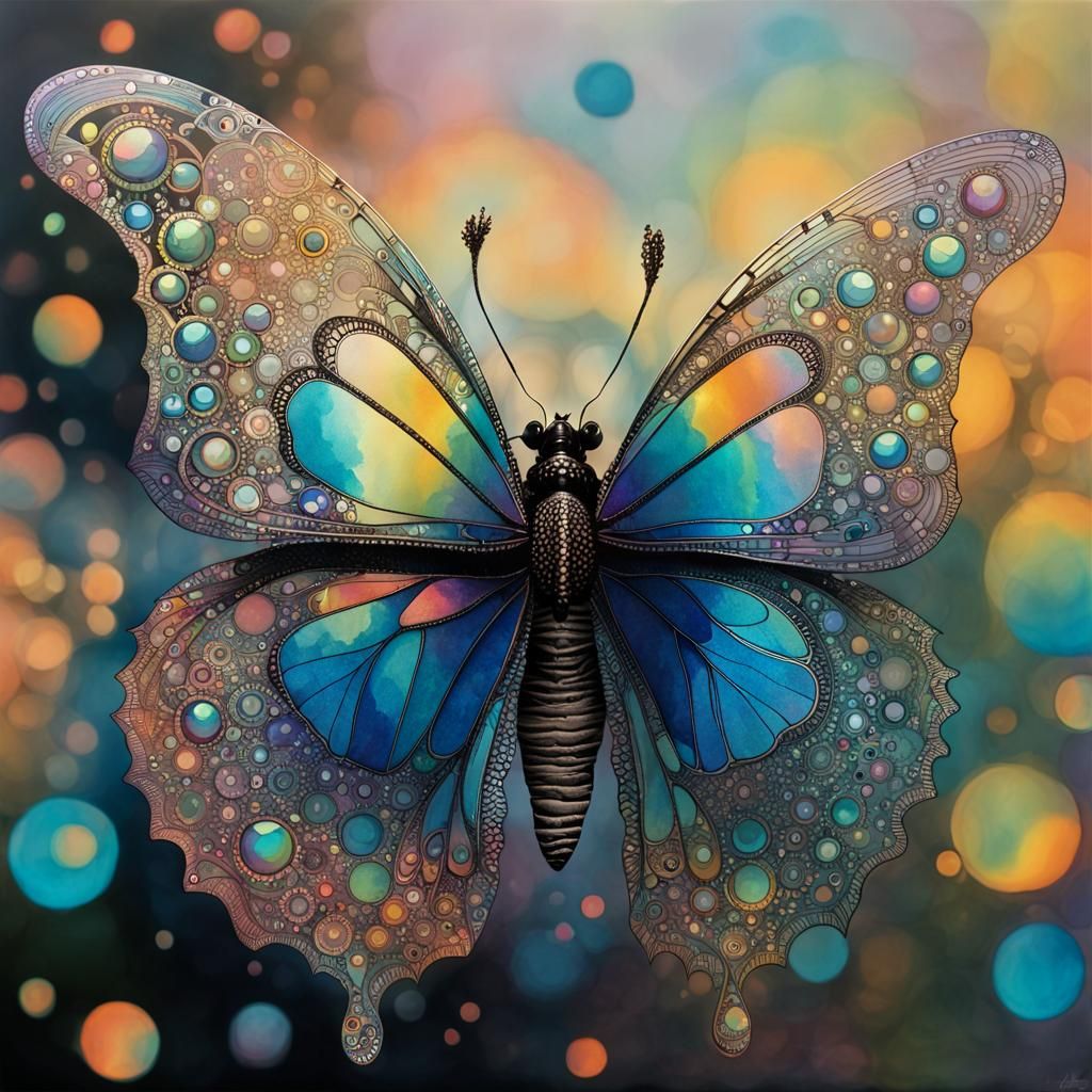Iridescent Butterfly with Bubbles in Watercolor Ink