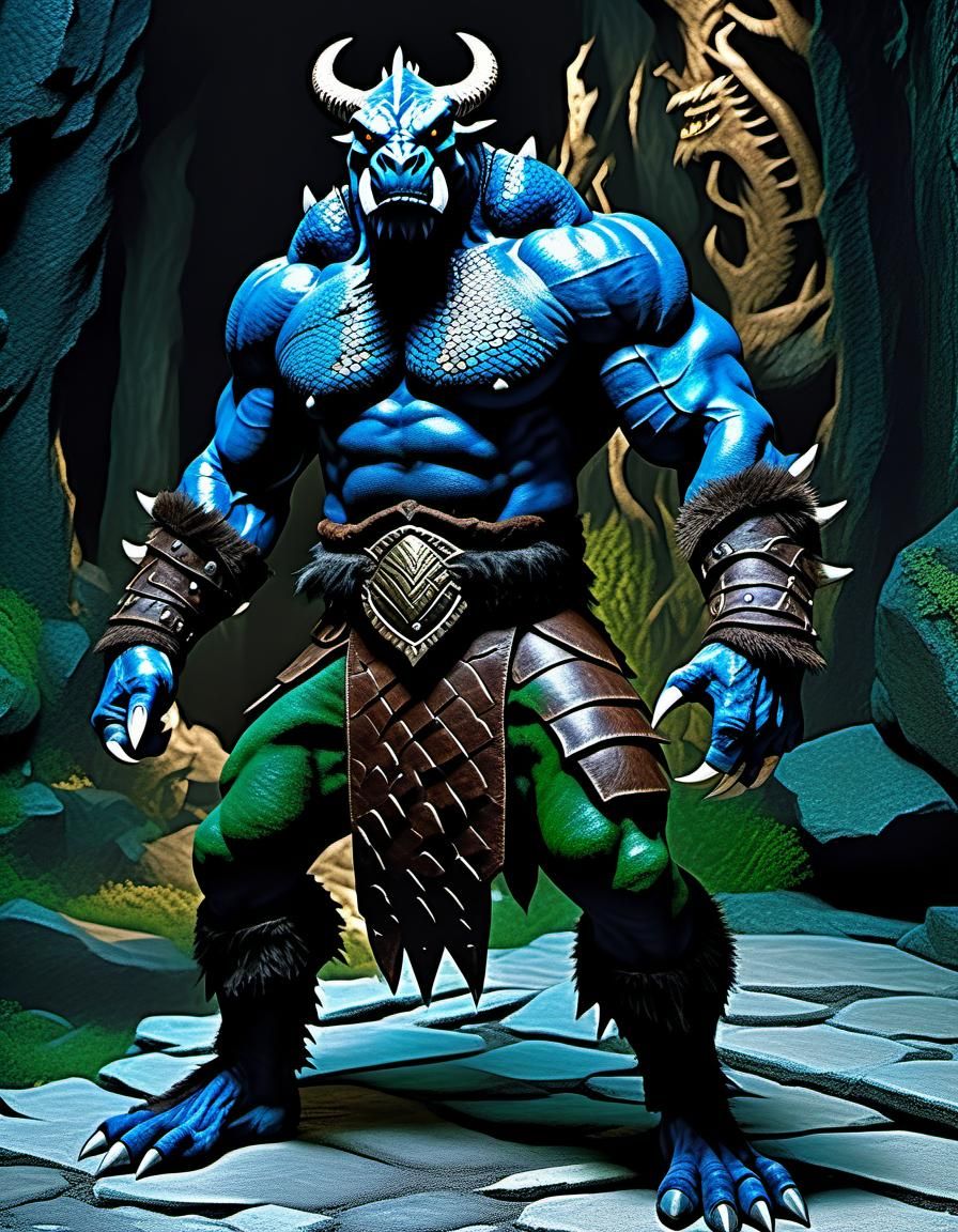 Muscular Blue Dragonborn Barbarian in Leather Loincloth