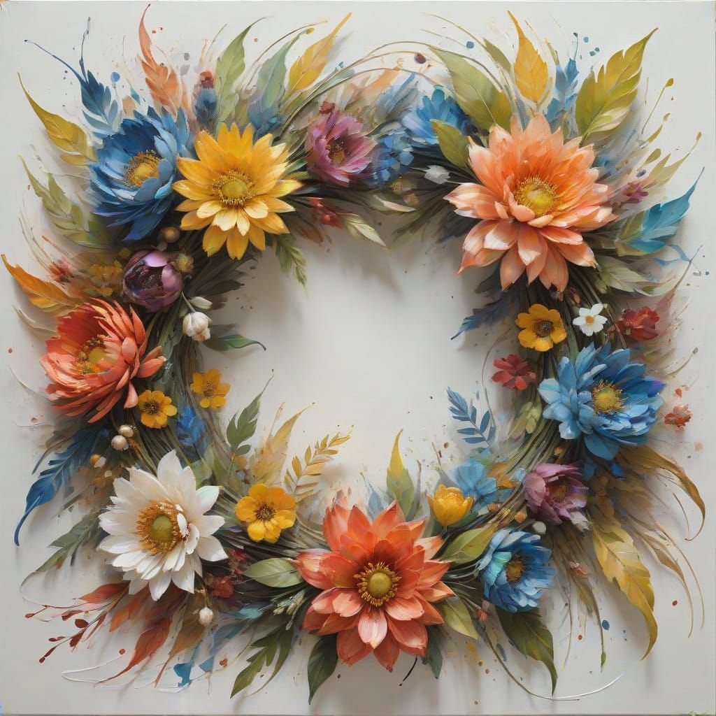 Expressive Encaustic Flower Wreath in Impressionist Style