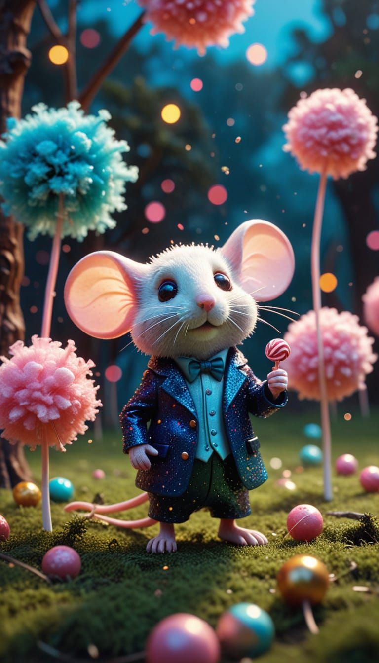 Mouse and Candy Floss Tree in Claymation Style