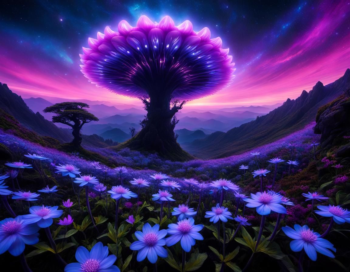 Surreal Bioscape with Opalescent Plasma and Dawnflowers