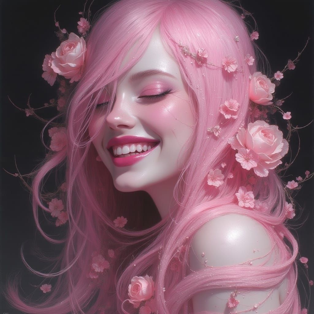 Ethereal Woman with Pale Skin and Vibrant Pink Hair