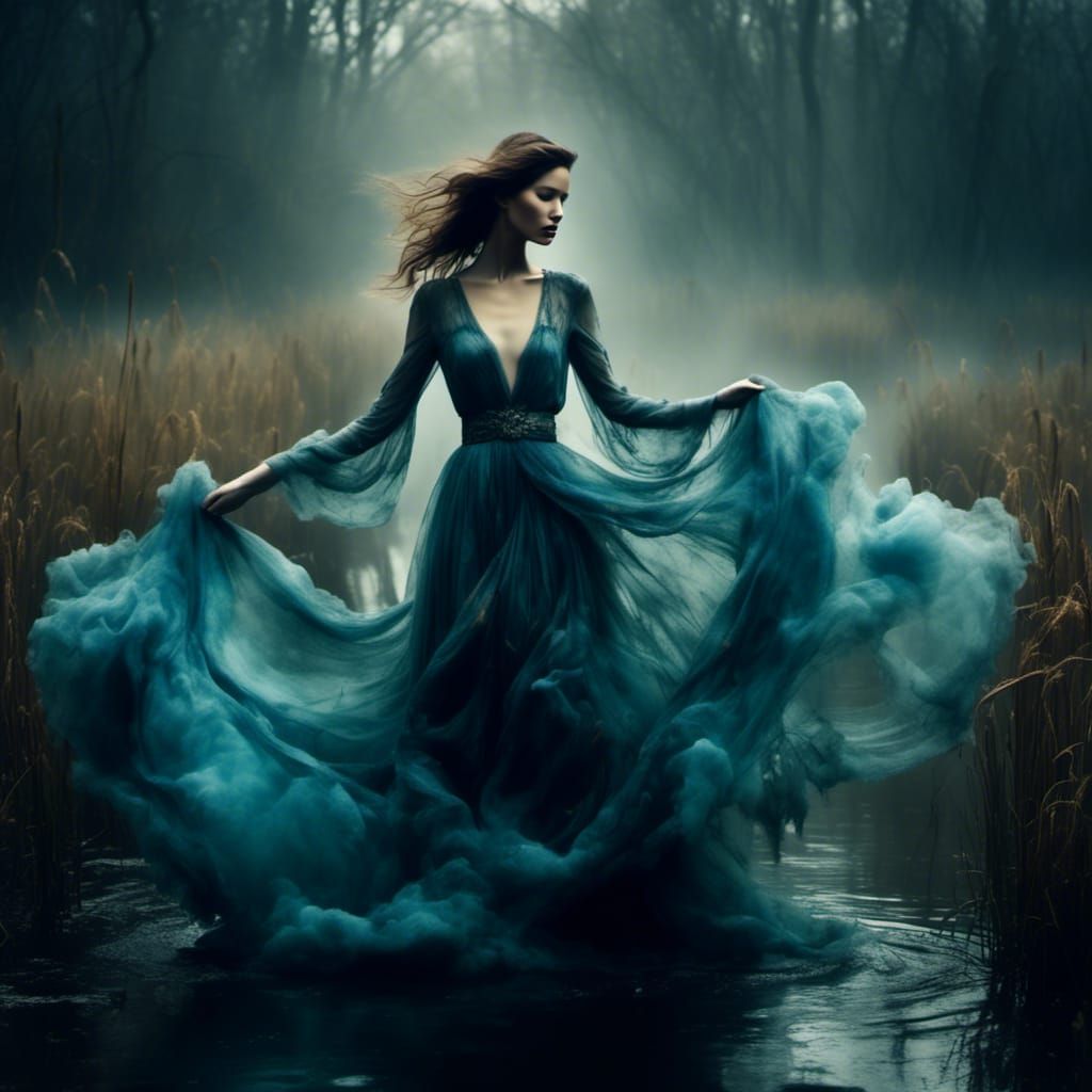 Ethereal Water Goddess in Foggy Marshland