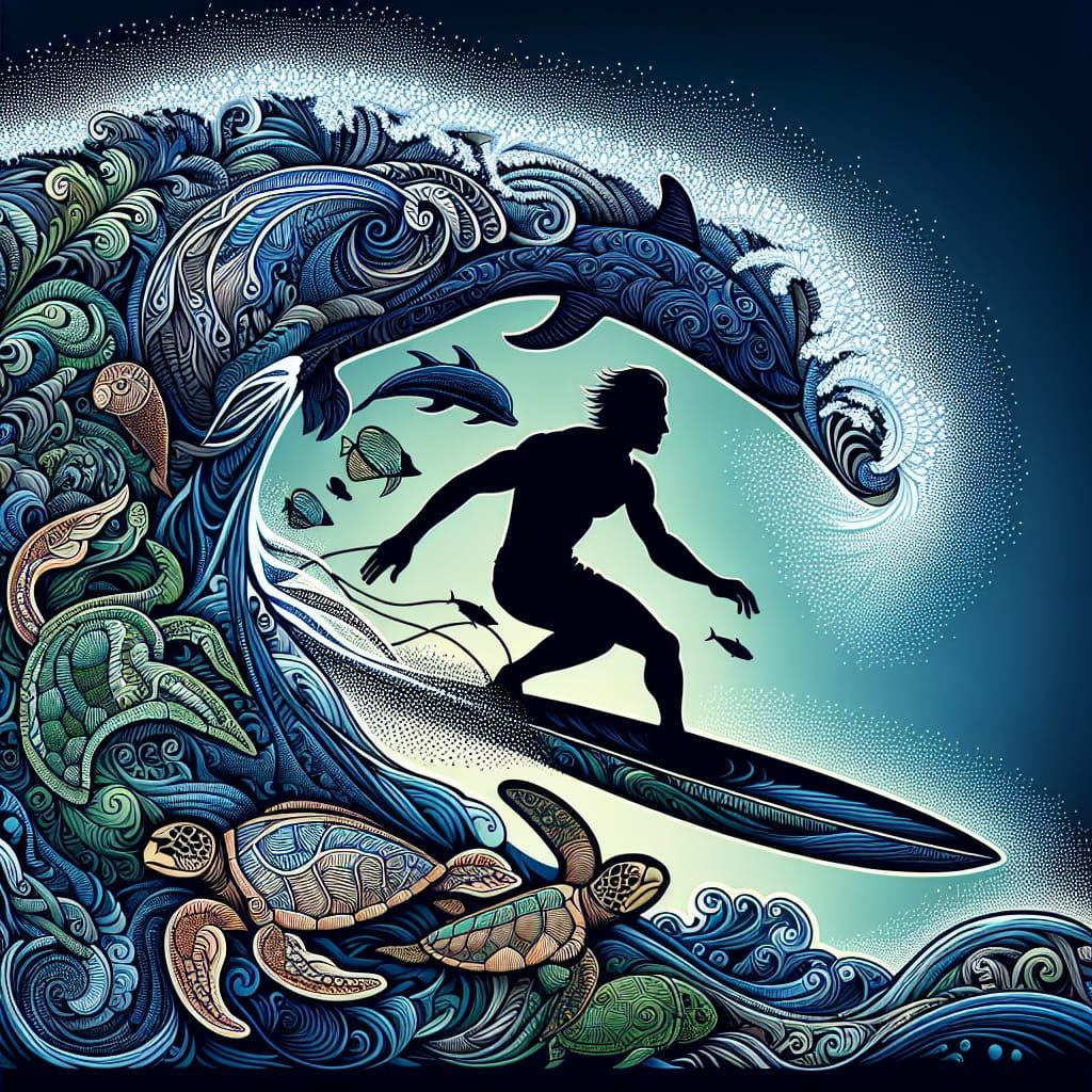 Surfer Silhouette Merges with Marine Life in Abstract Vector...