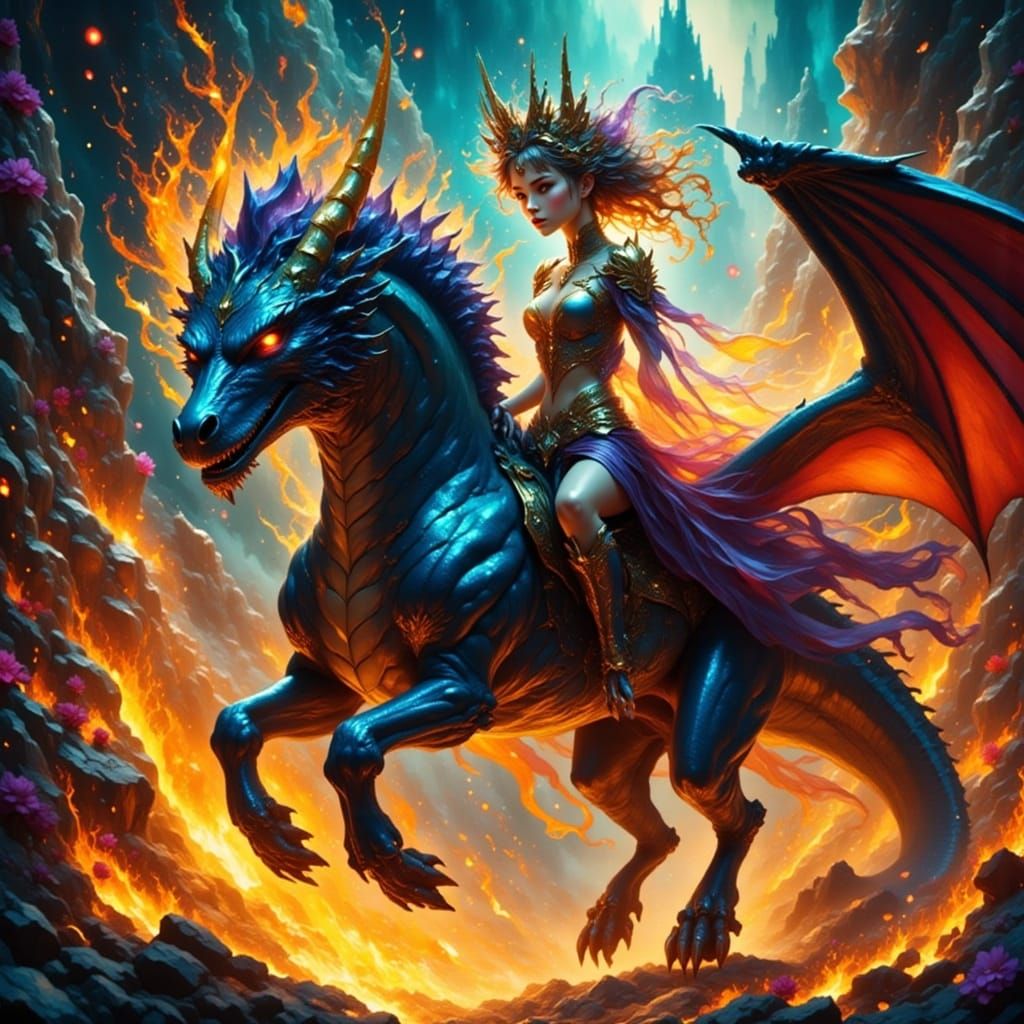 Volcanic Rider on Dragon in Dystopian Sci-Fi