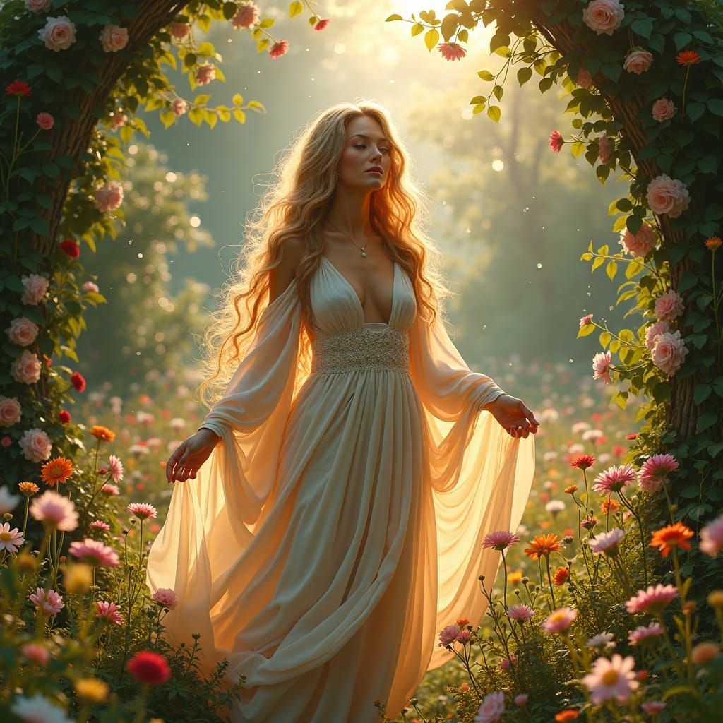 Goddess of Growth in a Luminous Garden