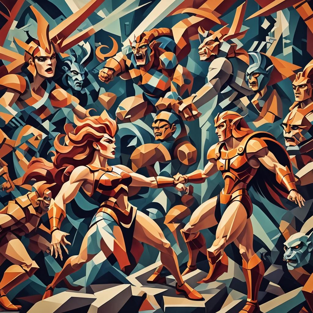 Giganta's Cubist Battle Against Greek Monsters