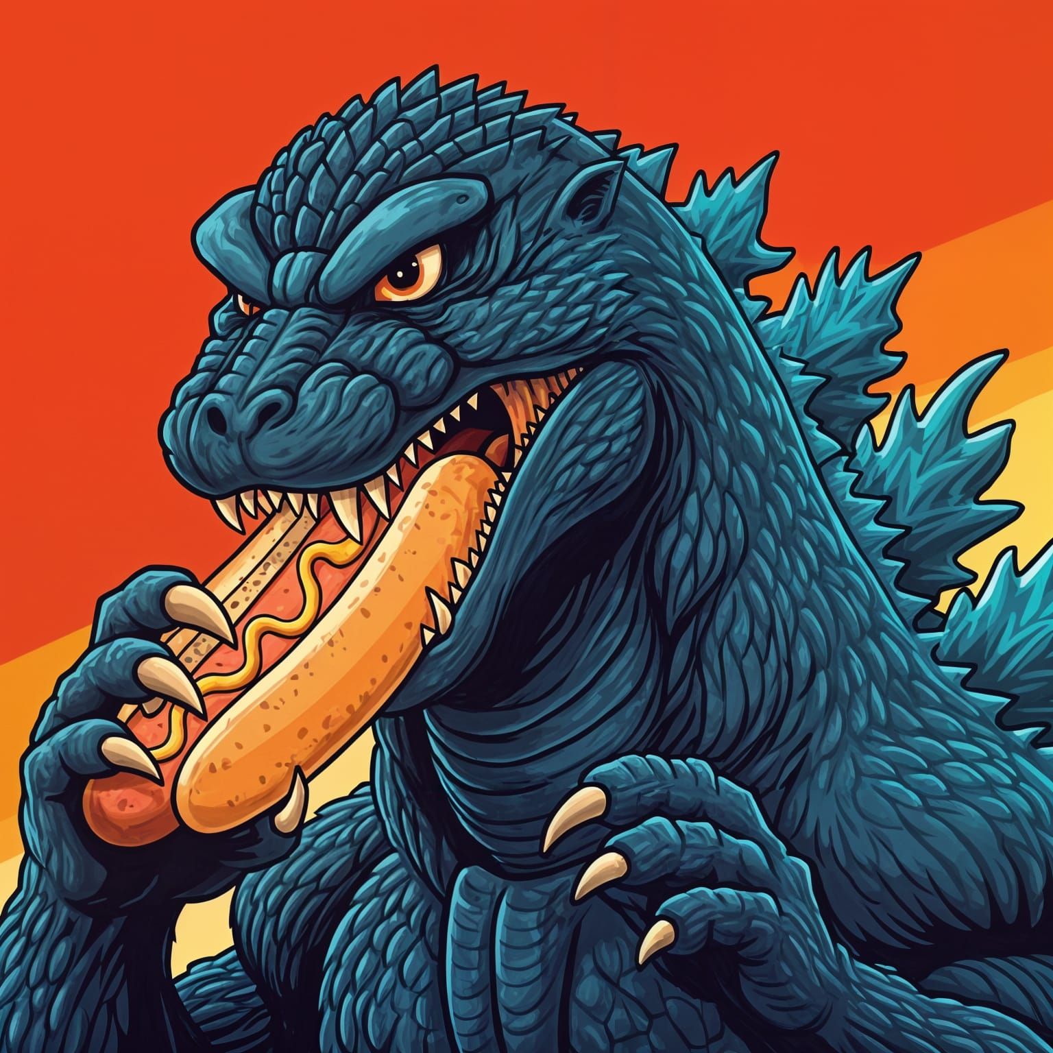 Stylized Godzilla Chomps Down on Hotdog in Humorous Graphic...
