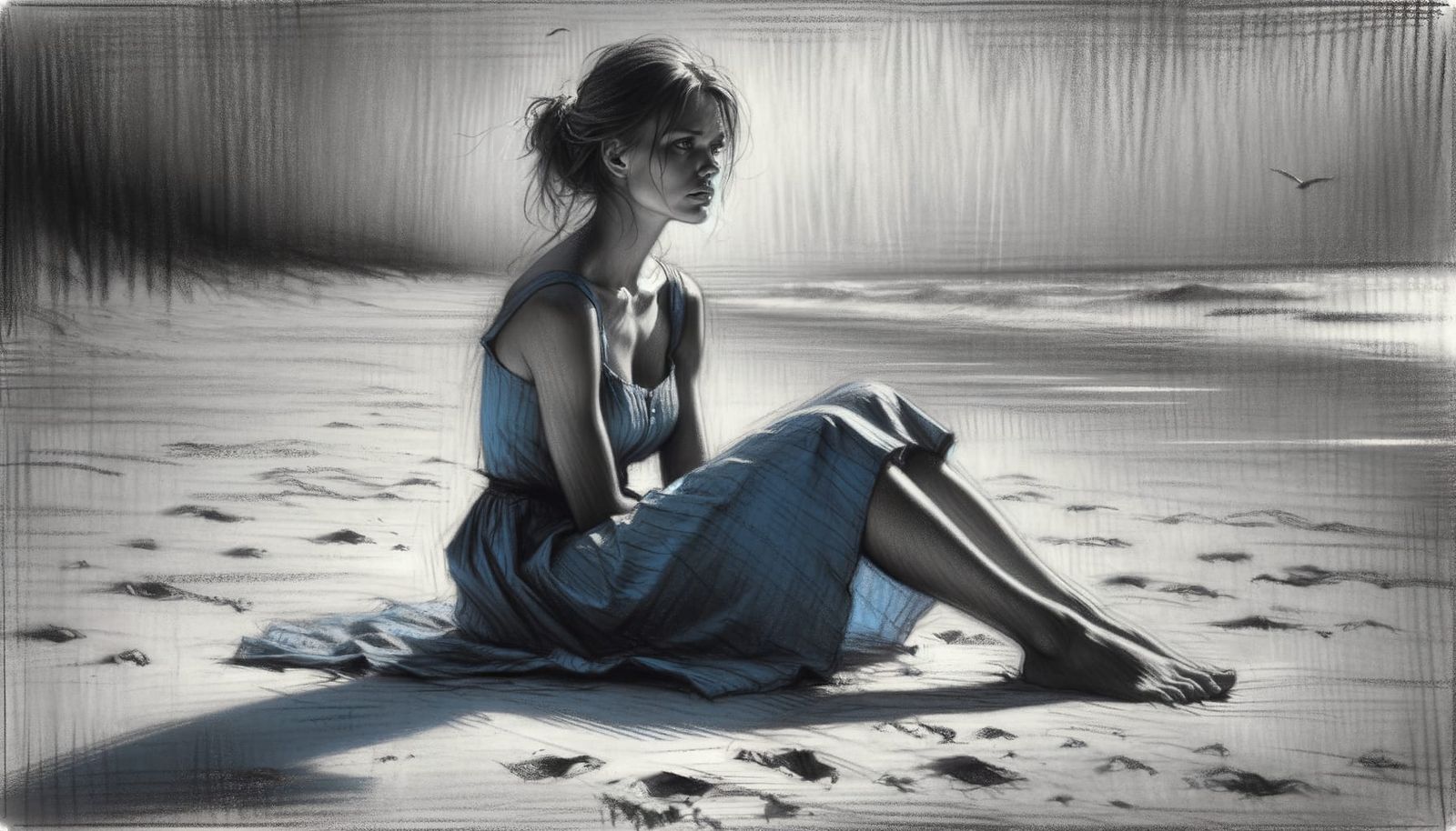 Melancholic Woman on a Snowy Beach in Realist Charcoal Style