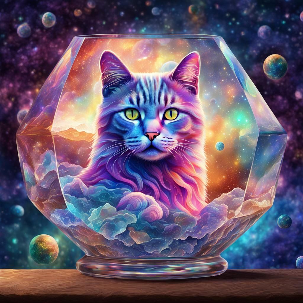 Cat in Crystal Glass: Holographic Astral Illustration