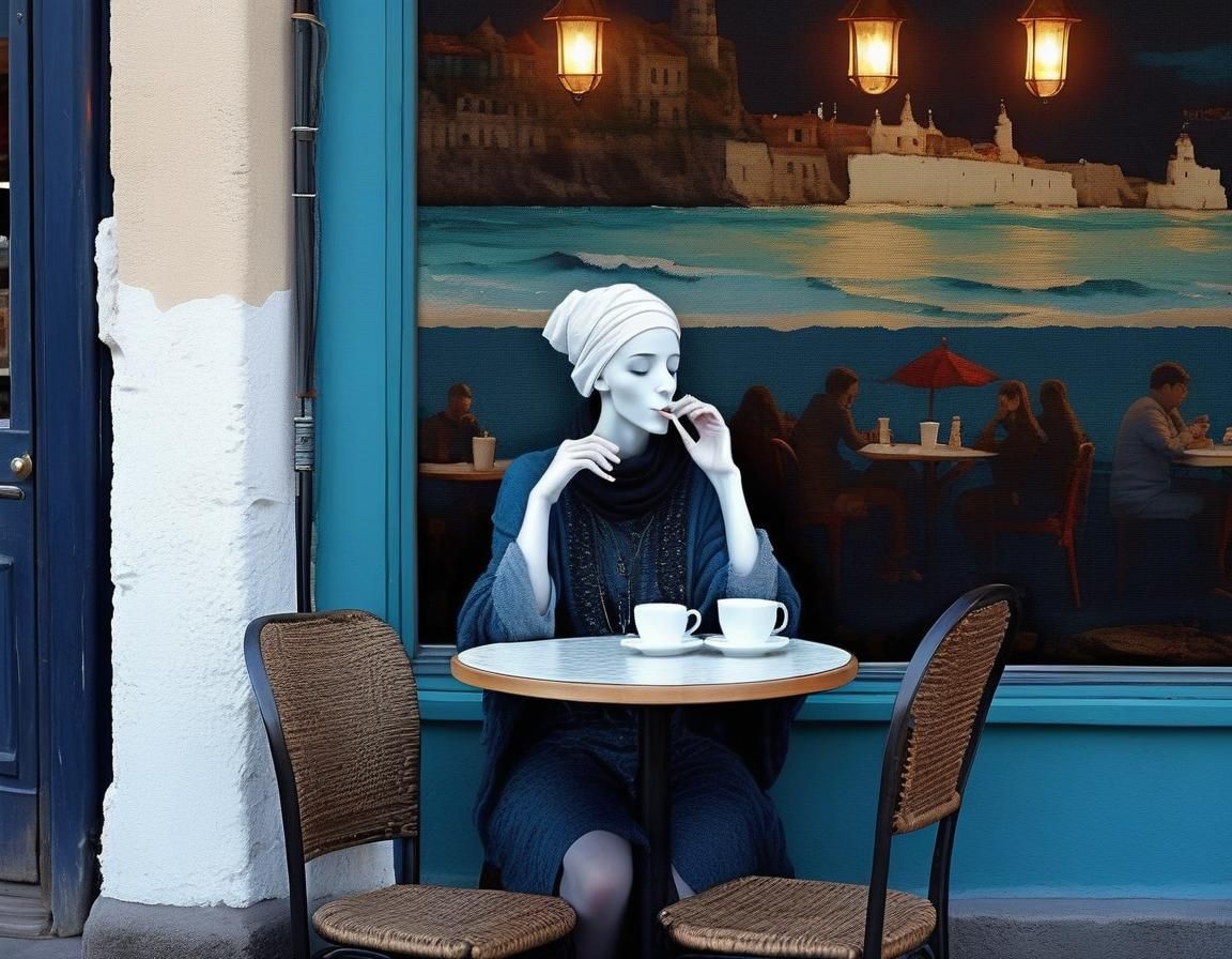 Anthropomorphic Figure Listening to the Sea in Cafe