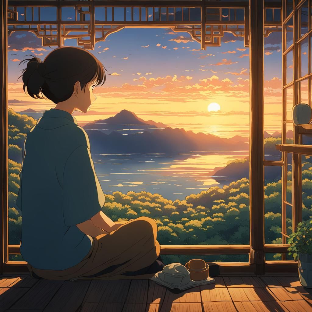 Woman Gazing at Sunrise in Ghibli Anime Style