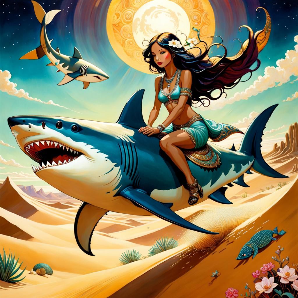Woman Riding Shark in Desert, Art Nouveau Illustration