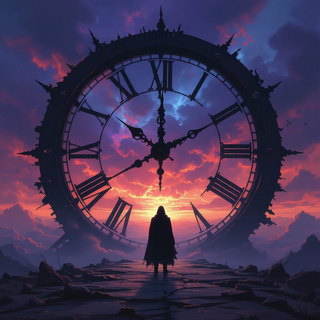 Figure at End of Time on Broken Clock Face