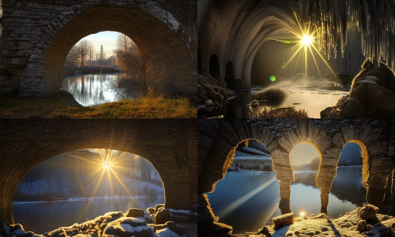Frozen River Under Frost Covered Ruins