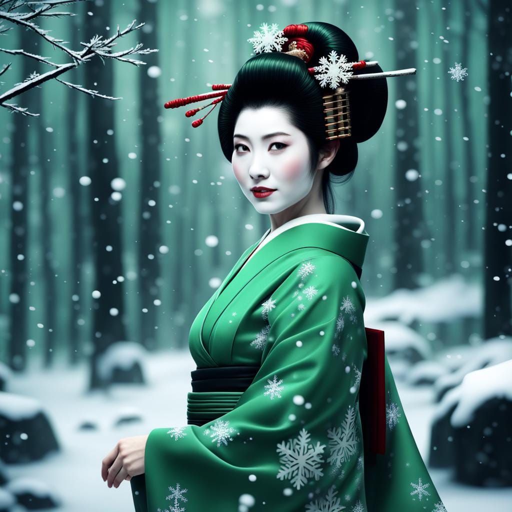 Smiling Geisha in Snowy Forest: Detailed Matte Painting